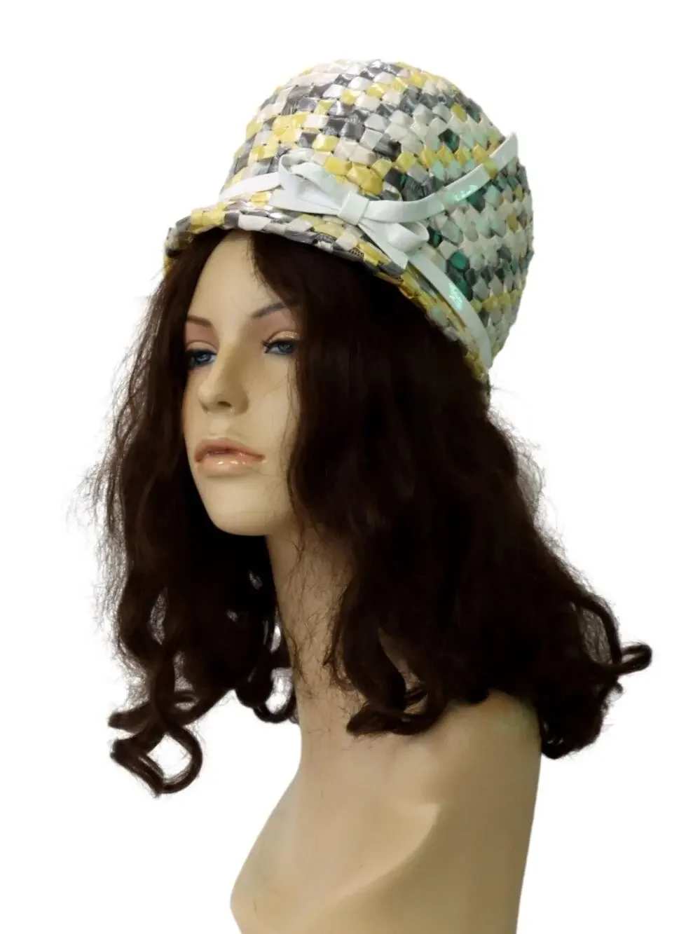 Vintage 1960s Mr John Classic Raffia Bucket Hat Yellow Gray White 7.5